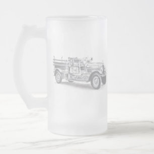 antike Feuerwehrauto Bleistiftskizze Feuerwehrmann Mattglas Bierglas