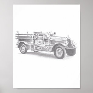 antike Feuerwehrauto Bleistiftskizze Feuerwehrmann Poster