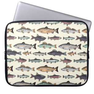 Antike Fischzeichnungen, nahtloses Muster. Laptopschutzhülle