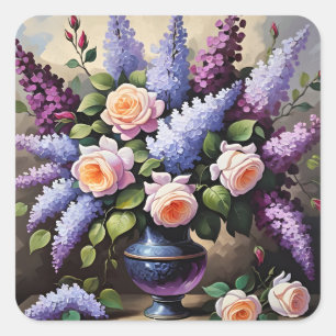 Antike Flieder und Rosen in einer Vase Quadratischer Aufkleber