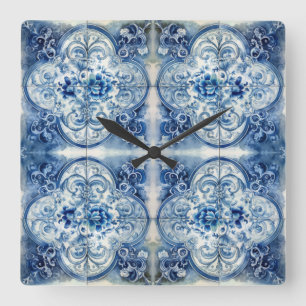 Antike Fliesen in Delfter Blau Quadratische Wanduhr