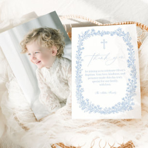 Antike Floral Toile Hellblaue Taufe Dankeskarte