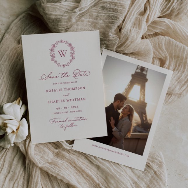 Antike florale burgunderrote Hochzeitsmonogramm Save The Date (Von Creator hochgeladen)
