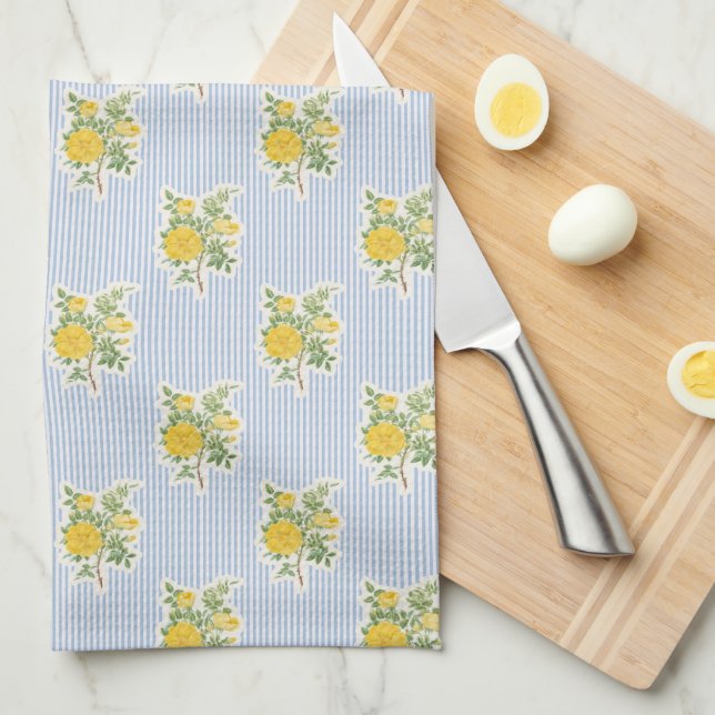 Antike Florale Butterblumen Blau Gestreift Geschirrtuch (Viertel Falte)