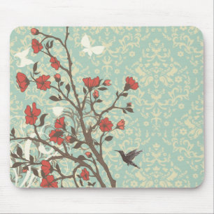 Antike florale Damast-Schwünge + Vogelmäuseunterla Mousepad