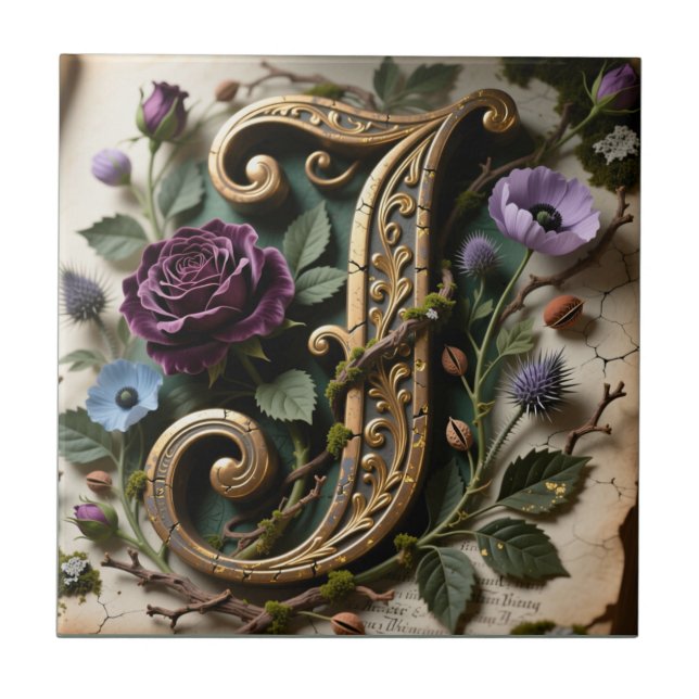 Antike florale Goldpatina-Initiale J Fliese (Vorderseite)
