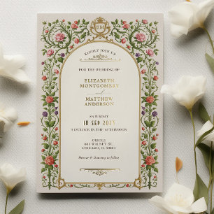 Antike Florale Hochzeit mit Rosen & Ornamenten in Folieneinladung