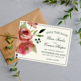 Antike Florale Rosa Immergrün Aquarell-Hochzeit Save The Date