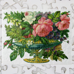 Antike florale rosa Rosen, Blumenstrauß in Vasen Puzzle