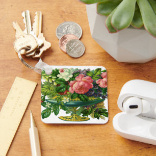 Antike florale rosa Rosen, Blumenstrauß in Vasen Schlüsselanhänger
