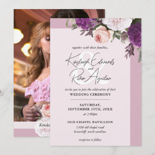 Antike Florale Rosen und Staubiges Mauve Foto Hoch Einladung