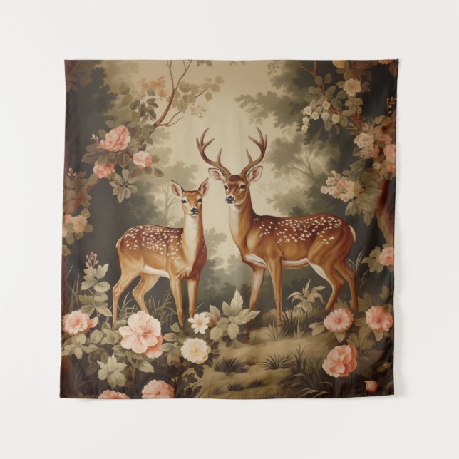 Antike Florale Waldhirsche Wandteppich (Vorderseite (Horizontal))