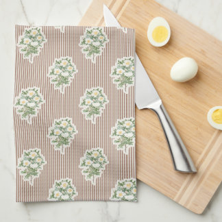 Antike Florale Weiße Rosen Braun Gestreift Geschirrtuch