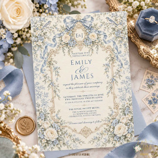 Antike französische blaue Rokoko-Blumen-Hochzeitse Einladung