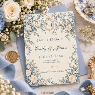 Antike französische blaue Rokoko-Blumen-Toile-Hoch Save The Date