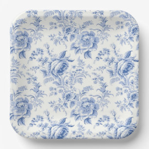 Antike französische Blumen-Toile-Blau-Papierplatte Pappteller