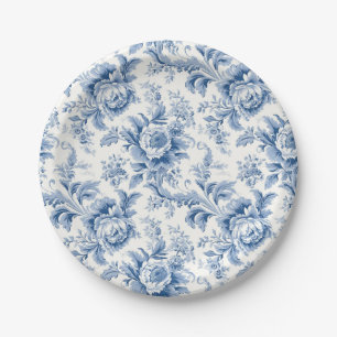 Antike französische Blumen-Toile blaue Papierplatt Pappteller