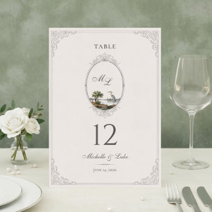 Antike französische Landschaftsmonogramm-Hochzeits Tischnummer