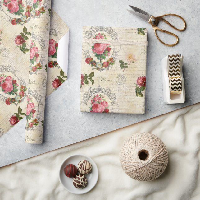 Antike Französische Rose Ephemera Geschenkpapier (Kunsthandwerk)