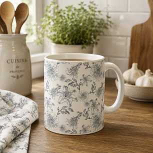 Antike französische Toile Botanical Vogel Rustikal Kaffeetasse