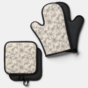 Antike französische Toile Botanical Vogel Rustikal Ofenhandschuh & Topflappen-Set