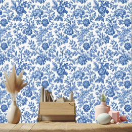 Antike französische Toile mit botanischen blauen B Tapete