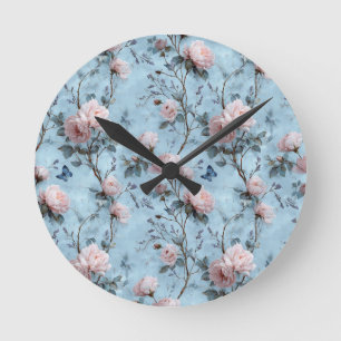 Antike Frühlings-Pfingstrosen auf Blau Runde Wanduhr
