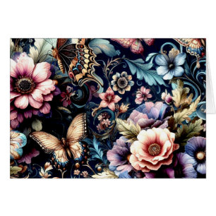 Antike Frühlingsblumen und Schmetterlinge blau