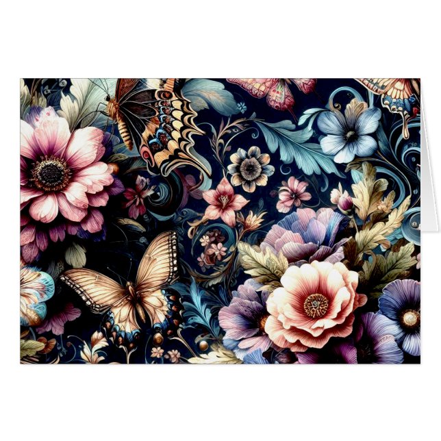 Antike Frühlingsblumen und Schmetterlinge blau (Vorderseite (Horizontal))