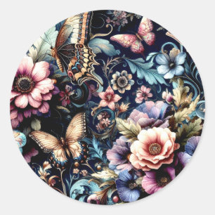 Antike Frühlingsblumen und Schmetterlinge Runder Aufkleber