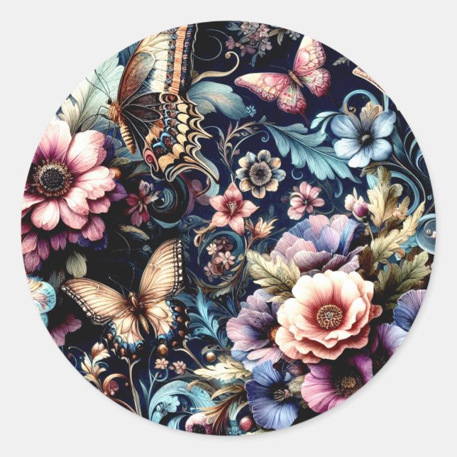 Antike Frühlingsblumen und Schmetterlinge Runder Aufkleber (Vorderseite)