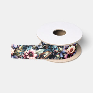 Antike Frühlingsblumen und Schmetterlinge Satinband