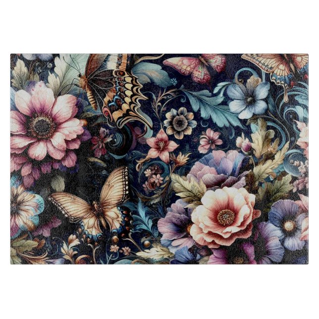 Antike Frühlingsblumen und Schmetterlingsglas Schneidebrett (Vorderseite)