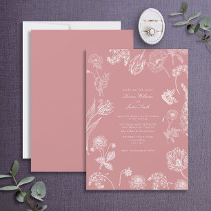 Antike Gartenblumen Dusty Rose Foto-Hochzeit Einladung
