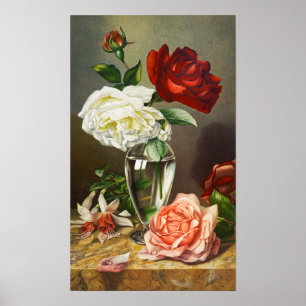 Antike Gartenrosen in einer Glasvase Poster