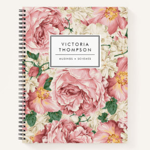 Antike Gartenrosen und Hortensien Blumenmuster Notizbuch