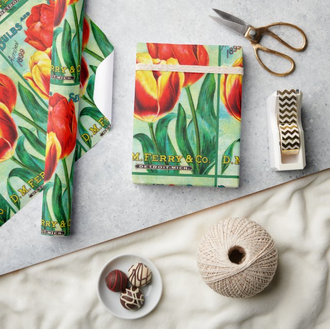 Antike Gartenwerbung, gelbe rote Tulpen Geschenkpapier (Kunsthandwerk)