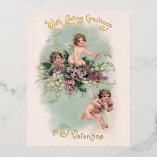 Antike geflügelte Cupids und Veilchen Valentinstag Folien Feiertagspostkarte