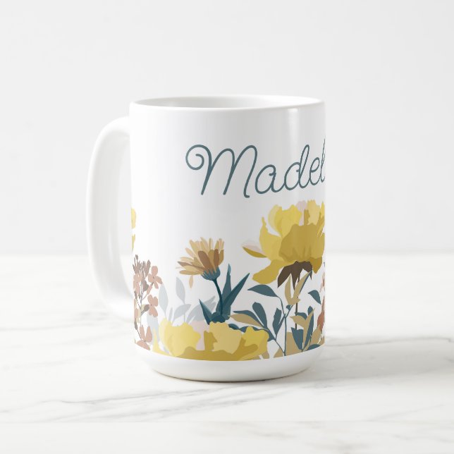 Antike gelbe Blumenrand-Kaffeetasse oder Teetasse (Vorderseite Links)