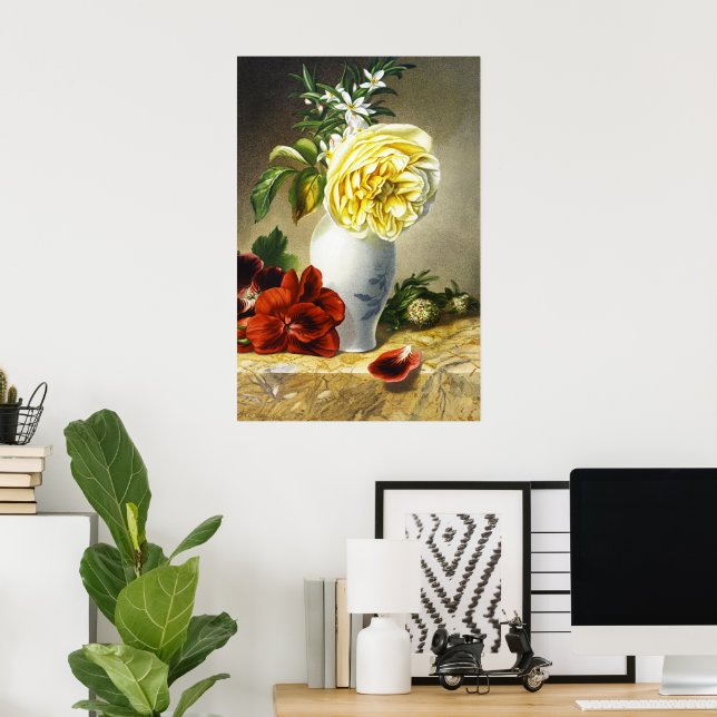 Antike gelbe Rose rote Stiefmütterchen Blumenvase  Poster (Heimbüro)