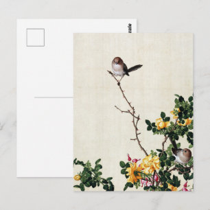 Antike Gelbe Rose und Vögel im Chinoiserie-Stil Ku Postkarte