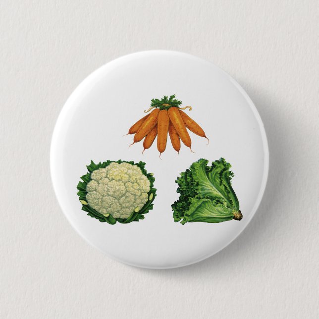 Antike Gemüse; Karotten, Blumenkohl, Salat Button (Vorderseite)