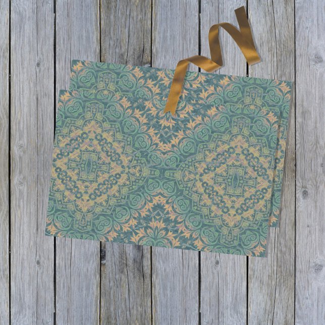 Antike gestörte Damaske Boho Aquamarin und beige Seidenpapier (Von Creator hochgeladen)