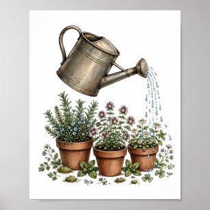 Antike Gießkanne Garten Kräuter Botanischer Druck Poster