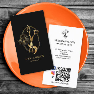 Antike Gold Friseurschere Blumen QR-Code B Visitenkarte
