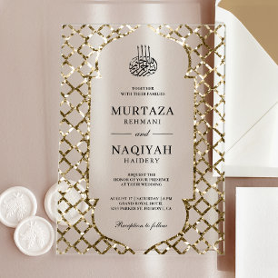 Antike Gold Glitter-Rahmen Muslimische Hochzeit Acryleinladungen
