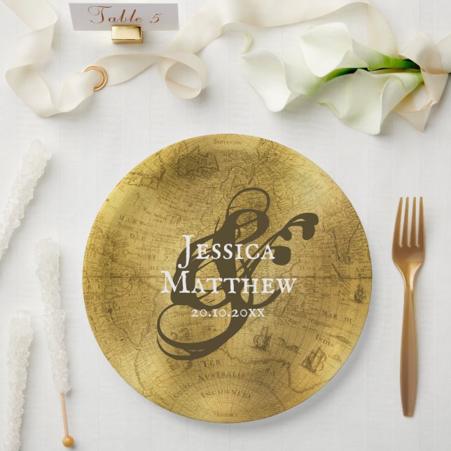 Antike Gold Metallische Alte Karte Hochzeit Pappteller (Hochzeit)