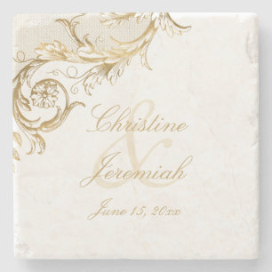 Antike Goldene Blumendamask-Schrift-Namen Hochzeit Steinuntersetzer