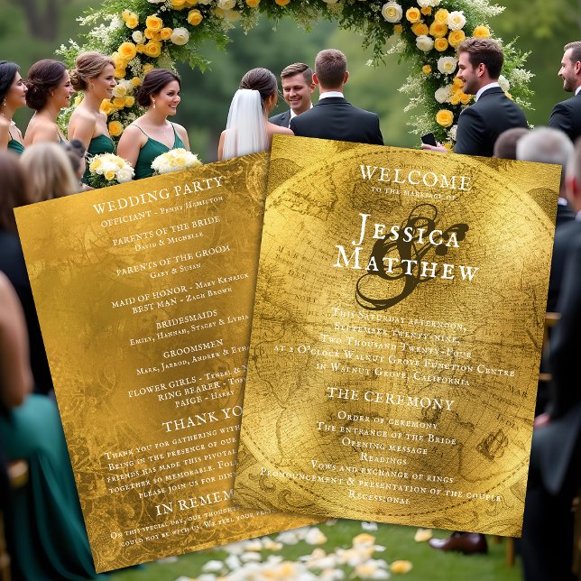 Antike goldene Hochzeitsprogrammkarte (Antique Golden Map Wedding Program. Models are AI Gen.)