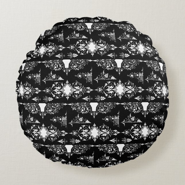 Antike gotische verzierte Einrichtung Schwarz-weiß Rundes Kissen (Vorderseite)